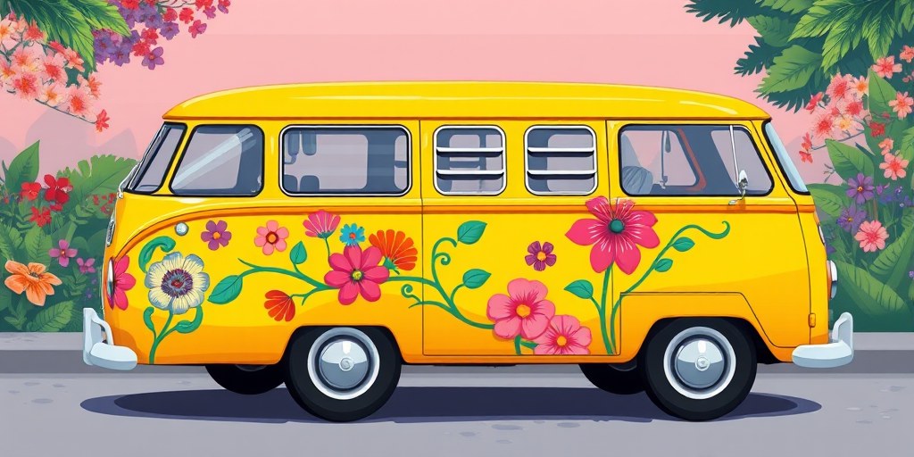 Create a vibrant illustration of a yellow vintage van adorned with colorful floral designs on the side, using a high-resolution digital art style, soft focus background, 35mm lens, f/2.8 aperture, and natural lighting to enhance image quality.
