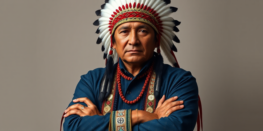 Create a dignified portrait of a Native American man dressed in traditional attire. He wears a beautifully crafted headdress adorned with white feathers and red beads, along with a beaded headband featuring intricate patterns. His clothing includes a deep blue, patterned shirt and a traditional chest piece with detailed beadwork. His arms are crossed, displaying leather armbands decorated with feathers. The background is simple and neutral, emphasizing his proud and stoic expression. The overall image captures the rich cultural heritage and strength of his persona.