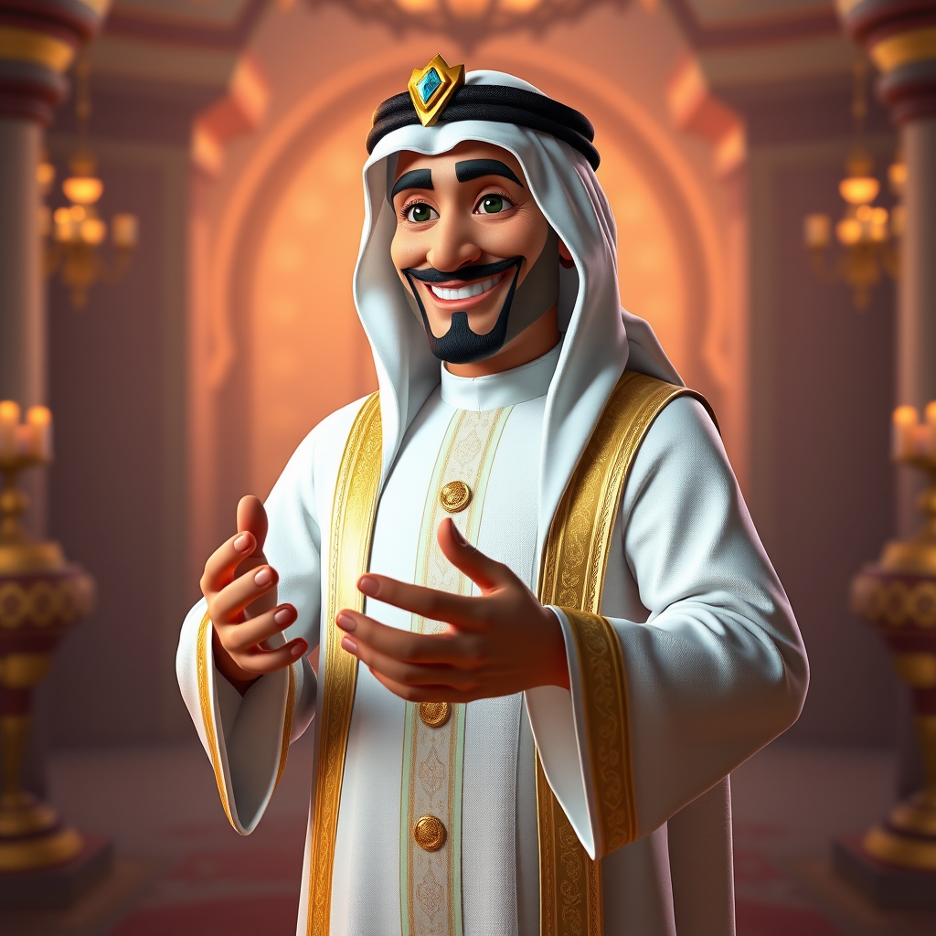 Create a 3D rendering of a wealthy Arab male sheikh from Dubai, inspired by the Disney animation style. The sheikh must have a smile and a playful but wise character. Place your character in an atmosphere of wealth and luxury. The image must be in high resolution format. Dynamic pose above the waist, gesturing with hands (Pixar Art style)++ highly detailed digital painting, art stations, concept art, soft focus, hard focus, illustrations. cinematic, visual effects, HDR, Unreal Engine 5, ray tracing, soft light, 8k, high detail, sparkling backlighting, luxury gem, game art, 3d, cartoon, colorful, magical, mysterious