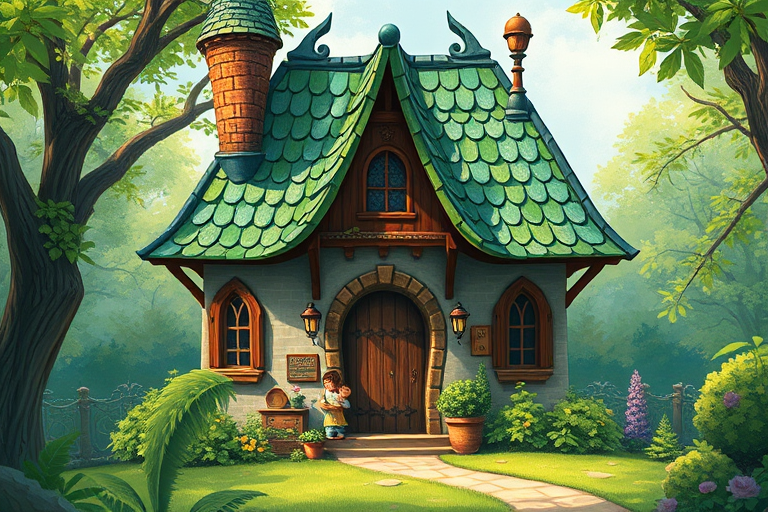 Create a whimsical illustration of a fairytale house with a green and blue tiled roof, surrounded by lush greenery, using a digital art style, captured with a Canon EOS R5 at f/2.8, ISO 100, and a 50mm lens for a crisp, vibrant look.