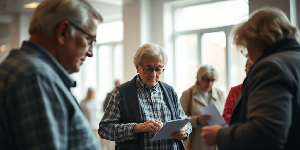 elderly people voting at polling stations, natural indoor lighting, shallow depth of field, ISO 200, f/2.8, 50mm lens, Canon EOS R5, wide-angle view, soft focus background