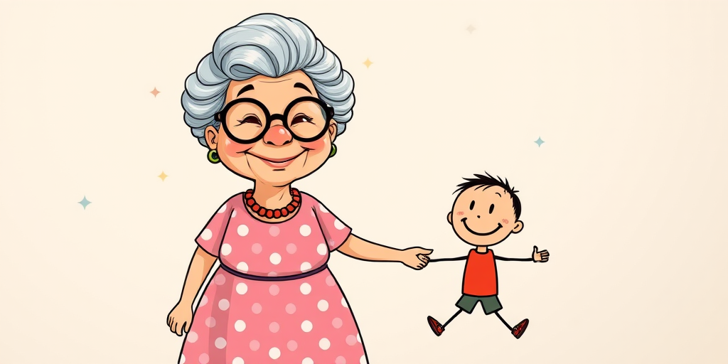 Create a high-resolution image of a cartoon style illustration featuring a cheerful grandmother with glasses and a round smile, wearing a polka-dotted dress, holding hands with a playful stick figure child, using a Canon EOS R5 camera with a 50mm f/1.8 lens, aperture set to f/2.8, ISO 200, and a soft focus background for an enhanced depth of field.