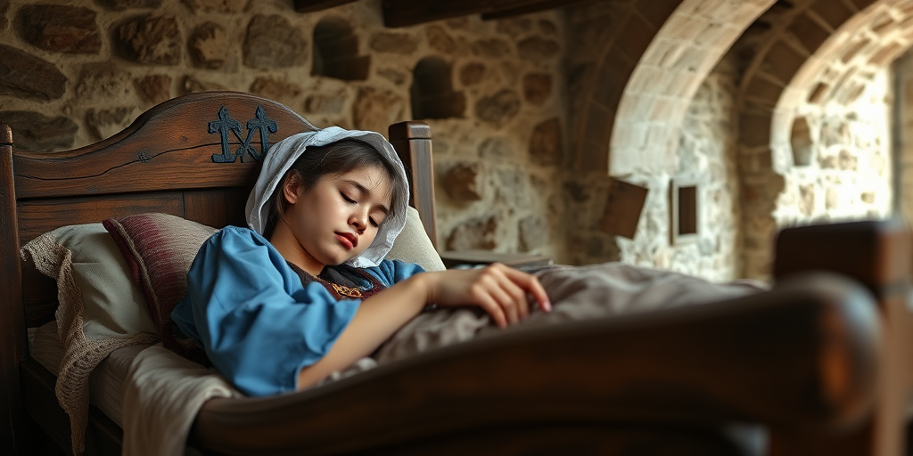 regenerate a medieval scene of a young woman peacefully sleeping in a rustic wooden bed, wearing a blue dress and a white cap, with stone walls and arches in the background, soft natural light illuminating the scene, camera settings: f/2.8, ISO 200, shutter speed 1/60 sec, camera view: close-up, camera style: realistic, camera type: DSLR