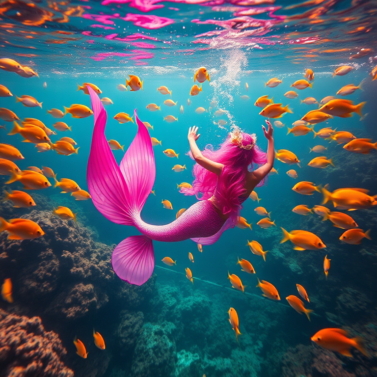 Create an underwater scene featuring a mermaid with a vibrant pink tail gracefully swimming through a school of colorful tropical fish, captured with a Canon EOS 5D Mark IV, 24mm lens, f/3.5 aperture, 1/125 sec shutter speed, and ISO 400 for enhanced detail and clarity.