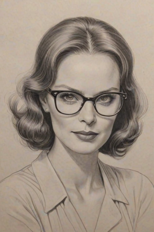 Fetching Lesley Ann Warren, pencil sketch, portrait of Ravishing woman 1935s in glasses, hair style beatnik, outline, clear lines, fine lines, 8k