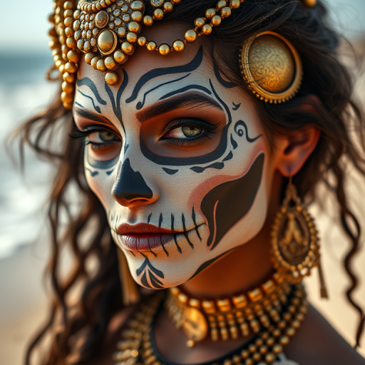 high-resolution portrait of a woman with elaborate skull makeup and gold accents, beach background, natural lighting, focal length 85mm, aperture f/1.8, ISO 100, shot with a DSLR camera, shallow depth of field for enhanced detail in makeup and accessories