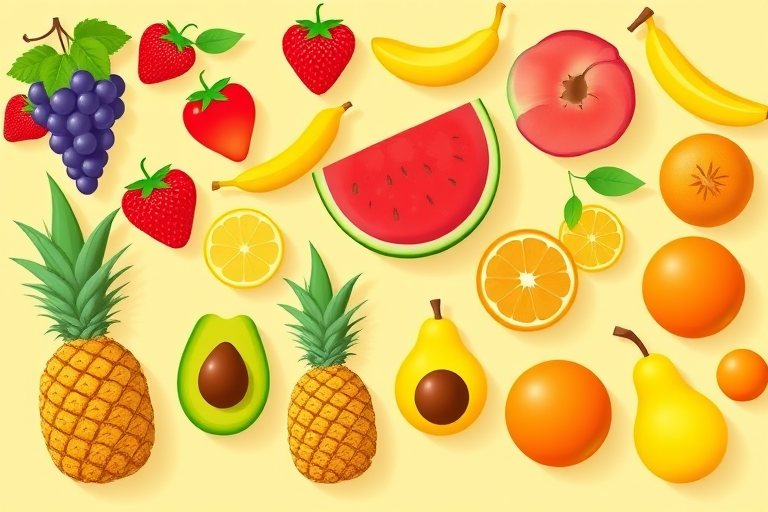 create a flat design illustration of colorful fruits including strawberries, grapes, bananas, peaches, lemons, watermelon, pineapple, avocados, oranges, and pears on a light yellow background