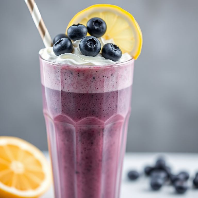 High-quality close-up shot of a blueberry lemon smoothie in a tall glass, topped with whipped cream, blueberries, and a lemon slice, softly blurred background, natural light, f/2.8 aperture, ISO 100, 50mm lens, shot with a DSLR camera for enhanced detail and vibrant colors.