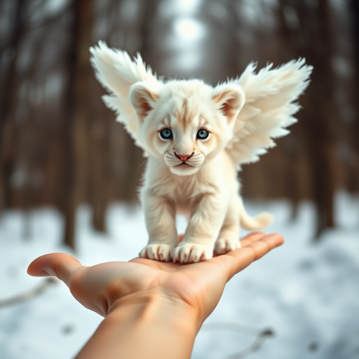 A small, white lion cub with angelic wings standing on a human hand. The cub has a soft, fluffy texture with detailed fur, expressive blue eyes, and a curious expression. The wings are large and feathery, blending seamlessly with its fur, giving an ethereal appearance. The background is a winter forest, with the ground covered in snow and blurred brown trees, creating a serene atmosphere. The human hand in the foreground is positioned palm-up, supporting the lion cub gently, fingers slightly curled. The lighting is soft and diffused, enhancing the tender and magical feel of the scene. Colors are predominantly neutral with white, cream, and soft browns, contrasting with the subtle blue of the lion cub's eyes. The overall composition is balanced, with the cub at the center, creating a focal point that draws the viewer's attention immediately.