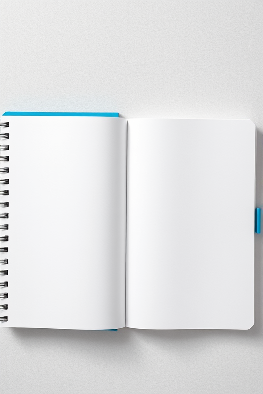 a flat lay view of an open spiral notebook with a blue cover and blank white pages, natural lighting, captured with a DSLR camera at 50mm focal length, aperture f/2.8, ISO 100, high resolution