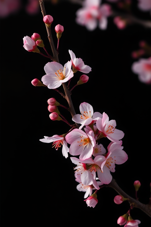 regenerate an image of cherry blossom branches with pink flowers and buds against a dark background