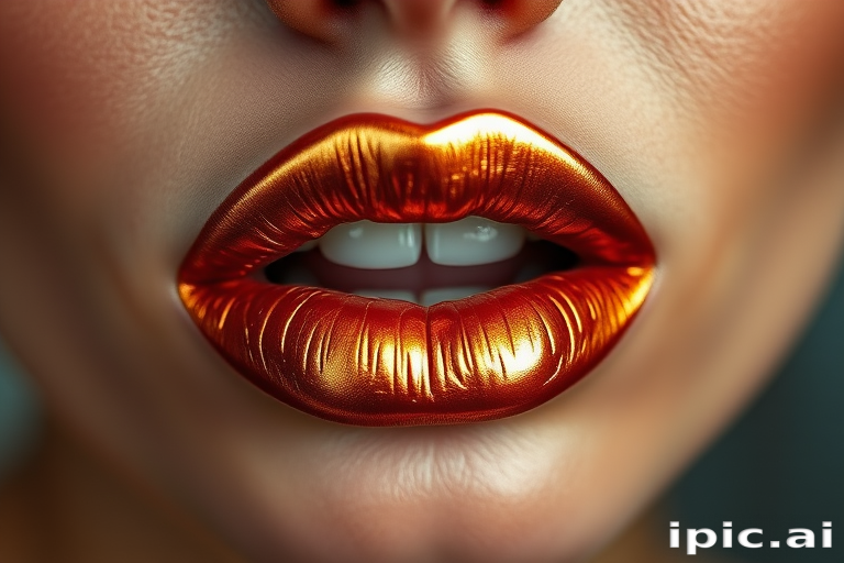 Metallic copper lips with a foiled effect, catching the light and creating a multi-dimensional appearance that's both edgy and glamorous