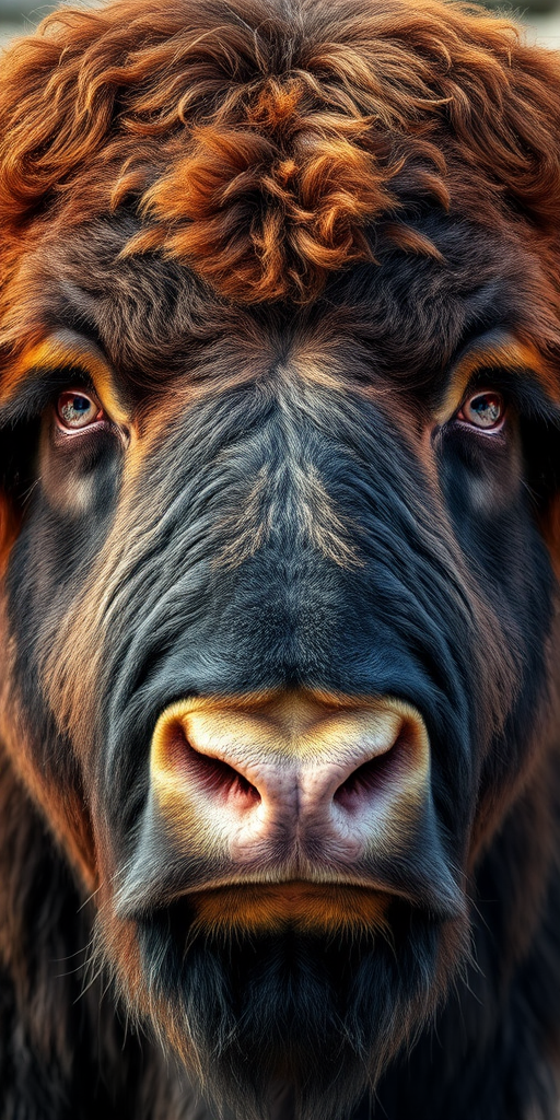 Capture a close-up of a majestic male musk ox with detailed textures in its fur, rich natural colors, and striking facial features, using a Nikon D850 with a 85mm f/1.4 lens, aperture set to f/2.8, ISO 200, 1/250 shutter speed, in soft diffused lighting and a shallow depth of field to enhance the subject against a blurred rocky background.