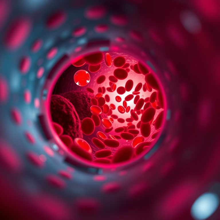 Create a hyper-realistic image of red blood cells flowing through a narrow blood vessel, using a 50mm lens, aperture set to f/2.8, ISO 200, with a close-up view to capture details, in a cinematic style, using a DSLR camera for enhanced quality.