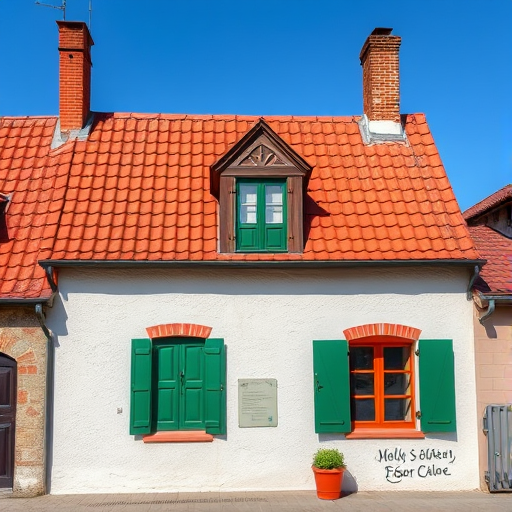 regenerate an image of a charming house with a red tiled roof and green window shutters, taken with a DSLR camera, 50mm lens, aperture f/8, 1/200s shutter speed, natural lighting, front view, enhancing clarity and color vibrancy