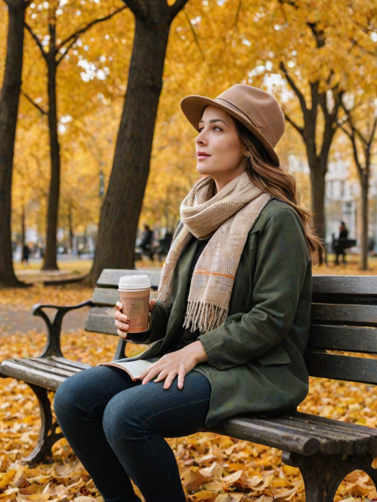 Bustling city park in autumn, golden leaves falling from the trees, a woman sits on a park bench, bundled in a scarf and hat, sipping from a thermos.