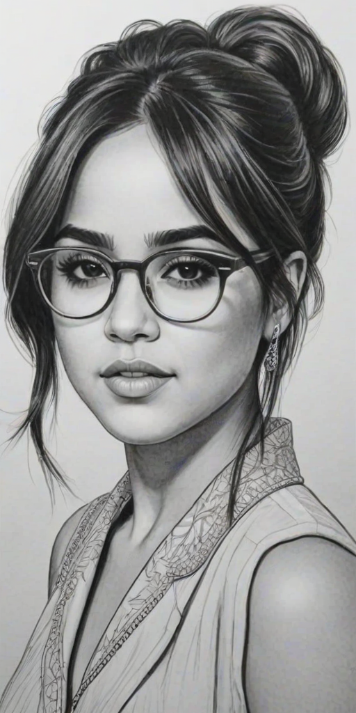 Radiant Becky G, pencil sketch, portrait of Superb woman 1920s in glasses, hair style beatnik, outline, clear lines, fine lines, 8k