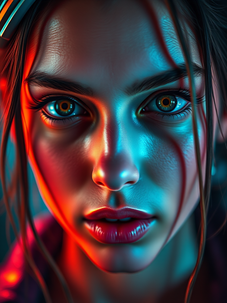 Regenerate a cyberpunk female portrait with intricate detailing, soft focus, vibrant neon colors, sharp contrast, 50mm lens, f/1.8 aperture, ISO 100, shallow depth of field, shot in low light, digital painting style.