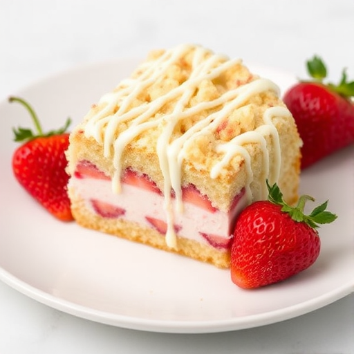 A slice of strawberry cream cake topped with crumble and drizzled with white icing served on a white plate with a fresh strawberry beside it.