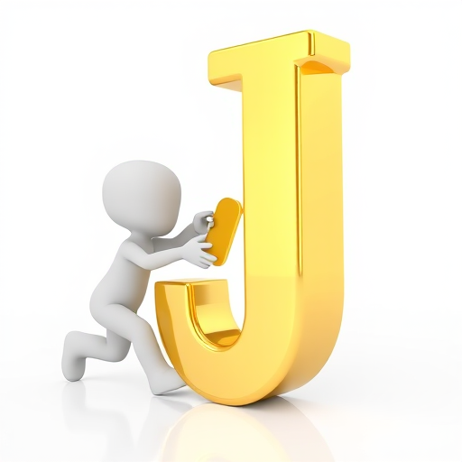 create a 3D render of a small white character pushing a large shiny gold letter J, focus on bright lighting and high contrast, use a shallow depth of field, camera settings: f/2.8, ISO 100, shutter speed 1/200s, perspective view from slightly below the character, use a digital SLR camera style for enhanced clarity and detail