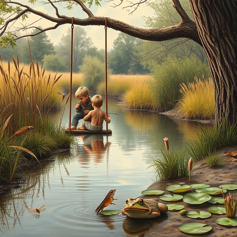 Imagine a small group of old fashioned young boys out fishing by the creek, a swing hanging from a tree branch, reeds and grasses by the water's edge, a frog sitting on a lily pad, dragonflies hovering over som water plans, a very iconic old fashioned scene reminiscent of a Norman Rockwell painting style