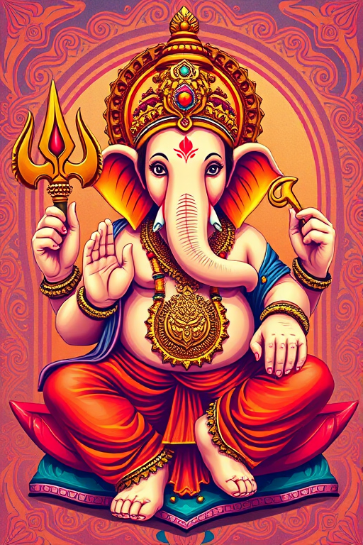 Create a vibrant illustration of Lord Ganesha with rich colors, depicting him seated, holding a trident and other symbols, surrounded by intricate patterns, using a digital camera with a 50mm lens, f/2.8 aperture, ISO 100, and a shallow depth of field for enhanced detail and clarity.