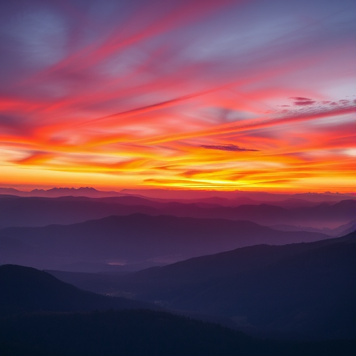 High-resolution image of a tranquil sunset over a mountain range with vivid colors, captured with a Canon EOS R5 at f/8, ISO 100, 1/125s, wide-angle lens, and HDR setting for enhanced detail.