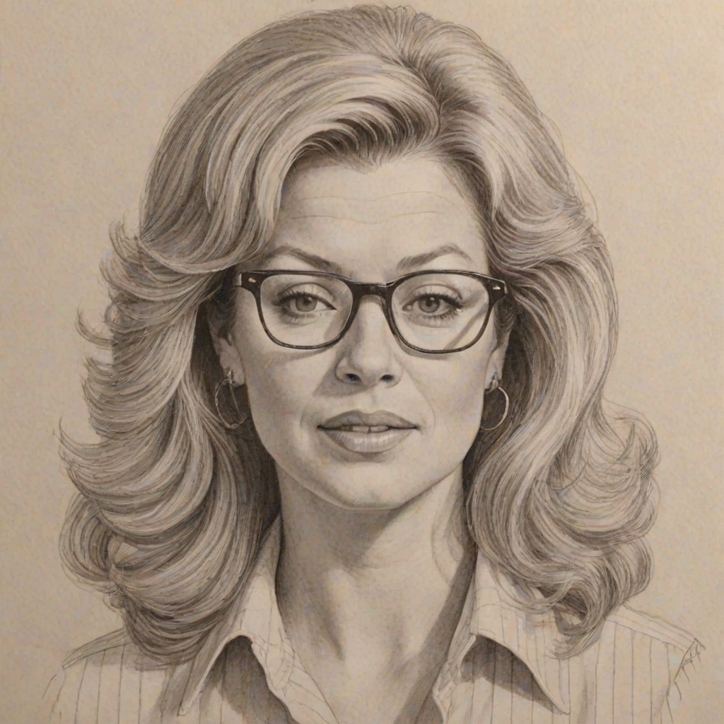 Sublime Mary Hart, pencil sketch, portrait of Wonderful woman 1977s in glasses, hair style beatnik, outline, clear lines, fine lines, 8k