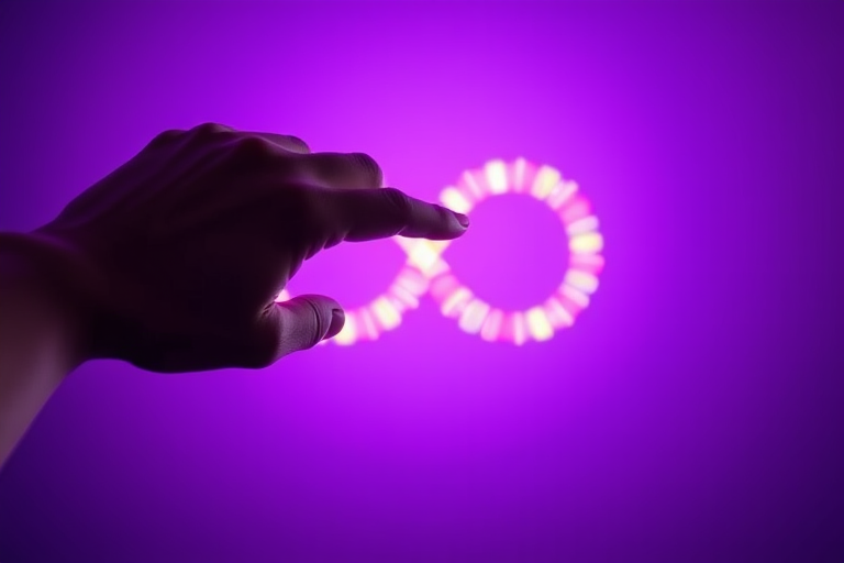 Generate an image of a hand reaching towards a glowing, colorful infinity symbol in a vibrant purple background, using a Canon EOS R5 camera, 85mm lens, f/1.8 aperture, ISO 100, 1/200s shutter speed, soft focus style.