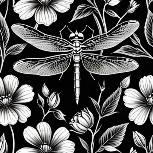 Detailed Dragonfly With Flowers In Black And White 
