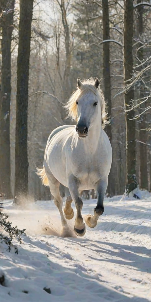 a white horse galloping through a snowy landscape with trees in the background and a soft winter light