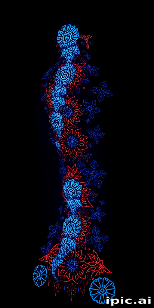 Luminous UV ink tattoo covering the spine with intricate patterns that glow under blacklight creating a mesmerizing effect in both daylight and darkness