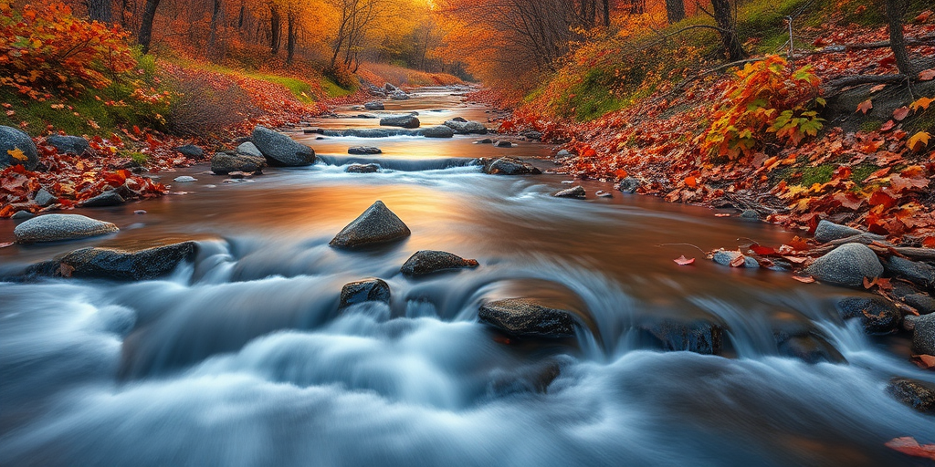 Capture a serene autumn landscape with a flowing stream surrounded by colorful foliage, using a DSLR camera, 24mm lens, f/11 aperture, 3-second exposure for smooth water effect, and golden hour lighting to enhance warm colors.