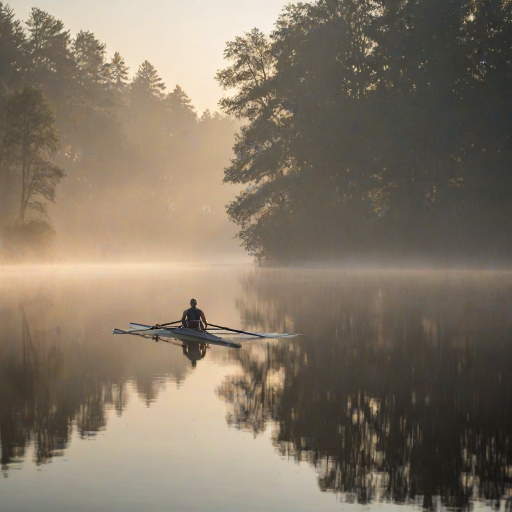 Blurry action shot of a rower slicing through calm water at dawn, soft morning mist rising from the lake, with distant trees reflected in the still surface and soft light from the rising sun illuminating the scene.