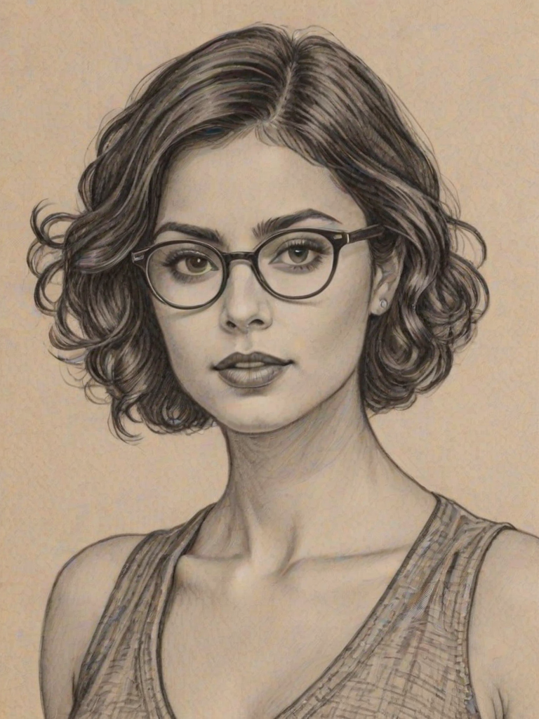 Comely Morena Baccarin, pencil sketch, portrait of Beauteous woman 1924s in glasses, hair style beatnik, outline, clear lines, fine lines, 8k