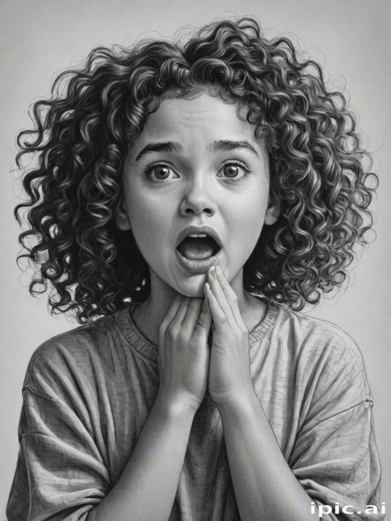 The image is a black and white illustration of a young girl with curly hair. She has a surprised expression on her face with her mouth open and her hands clasped together in front of her chest. Her eyes are wide and her eyebrows are furrowed. Her hair is styled in loose curls that are cascading down her back. The overall mood of the image is one of shock or surprise.