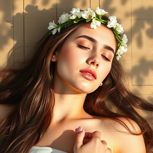 create a watercolor painting of an ethereal portrait of beautiful Chaldean woman with a simple white flower crown on her head. Her hair is long and she is lying on the ground. The sunlight on the trees casts shadows from the leaves on her face and body. The background is a neutral brown color that matches her skin tone. The image is minimalist and solid colors. This style is characterized by soft, delicate brushstrokes and a light, airy, contrasting color palette. High level of detail and play of light