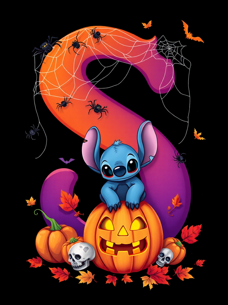 A whimsical and vibrant Halloween-themed digital illustration featuring the letter "S" adorned with spider webs, small bats, and cute spiders. At the base of the letter, a playful alien character similar to Stitch is peeking out from inside a carved pumpkin with glowing eyes, surrounded by additional pumpkins, a small skull, and autumn leaves. The letter is gradient-colored from orange to purple, adding a magical atmosphere to the scene, black background