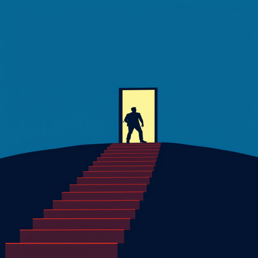 A minimalistic illustration of a silhouette of a person climbing stairs towards an open door on a hill, with a blue background, featuring high contrast colors, created with a digital camera, 50mm lens, f/8 aperture, ISO 100, 1/200s exposure time.