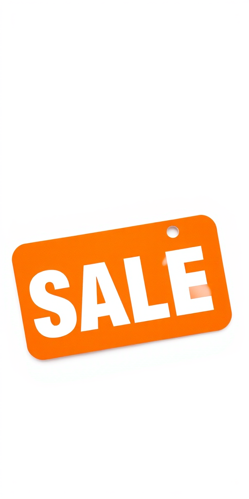 Design a vibrant orange sale tag with a percent symbol, featuring bold white text that reads "SALE", presented on a clean white background, captured with a DSLR camera set at f/5.6 for depth of field, ISO 100 for clarity, natural lighting for color accuracy, and a top-down view for a minimalist style.