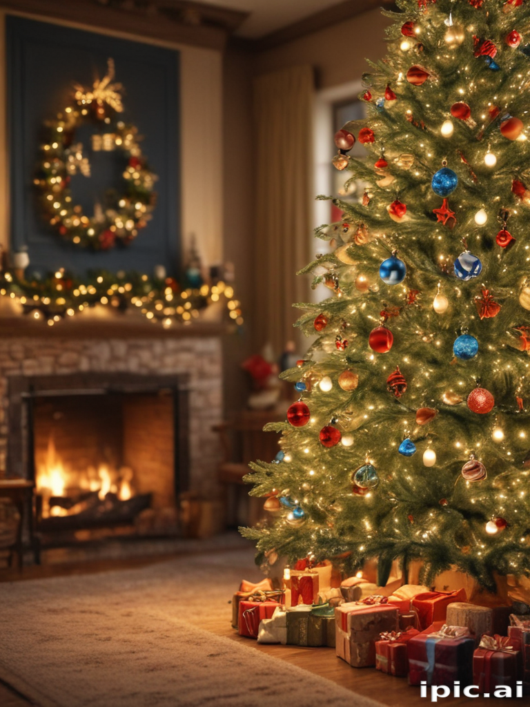 A Cozy Christmas Living Room with a Beautifully Decorated Tree and Gifts.