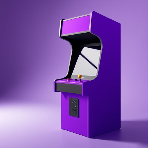Create a highly detailed 3D render of a classic arcade cabinet with vibrant purple and black colors, using a matte finish, positioned in a well-lit studio environment, shot with a DSLR camera at f/8, ISO 100, 50mm lens, in a slightly elevated perspective to showcase the cabinet's controls and screen.