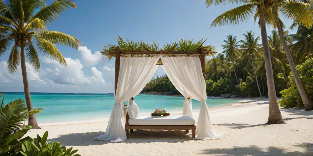Create a picturesque tropical beach scene featuring a serene, white sandy shore. In the foreground, there's a rustic wooden canopy with white drapes gently flowing in the breeze. Underneath the canopy, a table is set with tropical decor, evoking a sense of relaxation and leisure. The beach extends into a calm, shallow water area with reflections of the sky and surroundings. Palm trees and lush greenery line the edge of the beach, providing a natural, tropical backdrop. The sky is clear with a few scattered clouds, and the overall atmosphere is tranquil and inviting, perfect for a peaceful retreat.