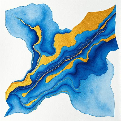 Create a high-resolution abstract watercolor artwork featuring a deep blue and gold marbled pattern on textured paper, captured with a Canon EOS R5, 50mm lens, f/2.8 aperture, ISO 100, natural light, overhead view.
