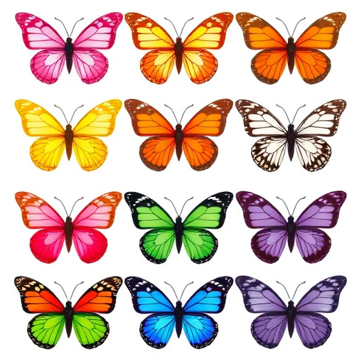 Create an image featuring a variety of butterflies in different colors and patterns. Arrange them in a grid format with four rows and three columns. The butterflies should include shades of pink, orange, yellow, green, blue, and purple, each with distinct designs and wing shapes. The background should be plain to highlight the vibrant colors of the butterflies.