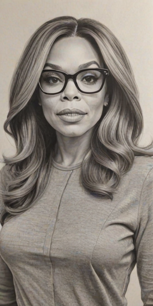 Graceful Wendy Williams, pencil sketch, portrait of Enchanting woman 1966s in glasses, hair style beatnik, outline, clear lines, fine lines, 8k