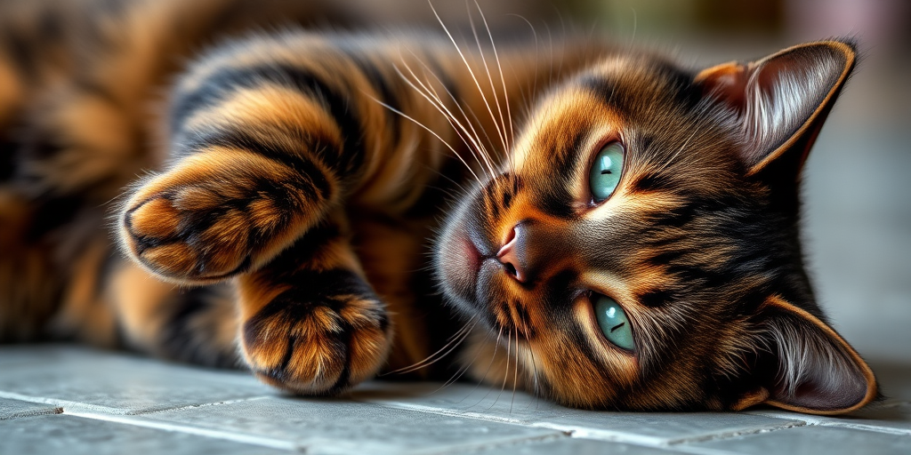 a playful tortoiseshell cat lying on its side, detailed fur texture, vivid colors, shot with a DSLR camera at f/2.8 aperture, 50mm lens, natural light, high-resolution digital art style, slightly above view for depth