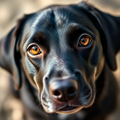 A close-up shot of a black dog with expressive brown eyes, captured in natural light using a DSLR camera, 50mm lens, f/1.8 aperture, ISO 200, and a shallow depth of field to enhance clarity and focus on the dog's face.