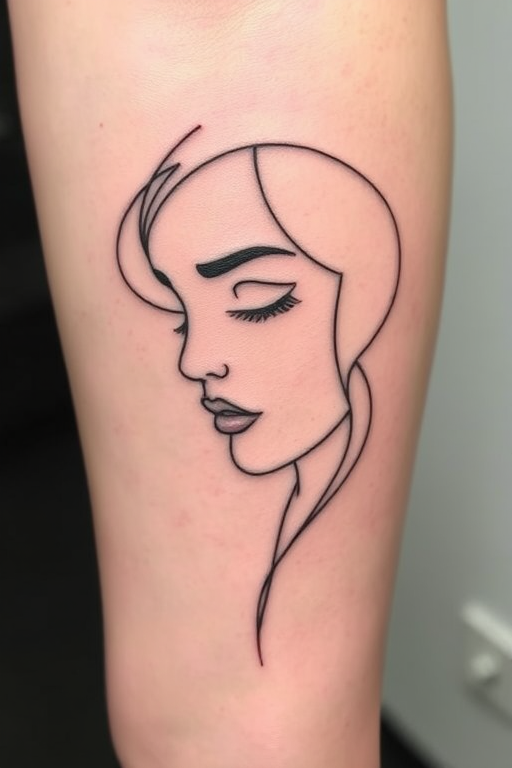 Minimalist single-line tattoo titled "Fluid Essence" using continuous thin black lines to create a flowing portrait that captures emotion and movement in its simplicity