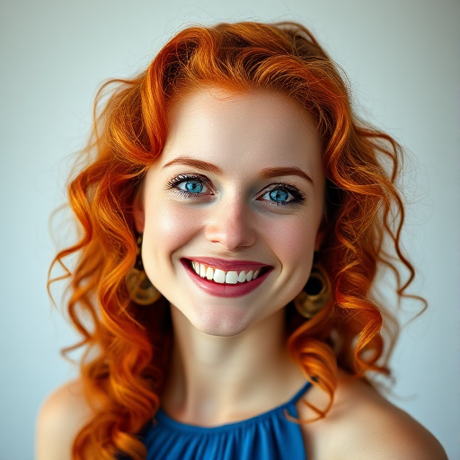 portrait of a smiling woman with red curly hair and bright blue eyes wearing a blue dress, soft lighting, 50mm lens, f/2.8 aperture, ISO 100, shallow depth of field, high resolution, shot in a bright studio setting